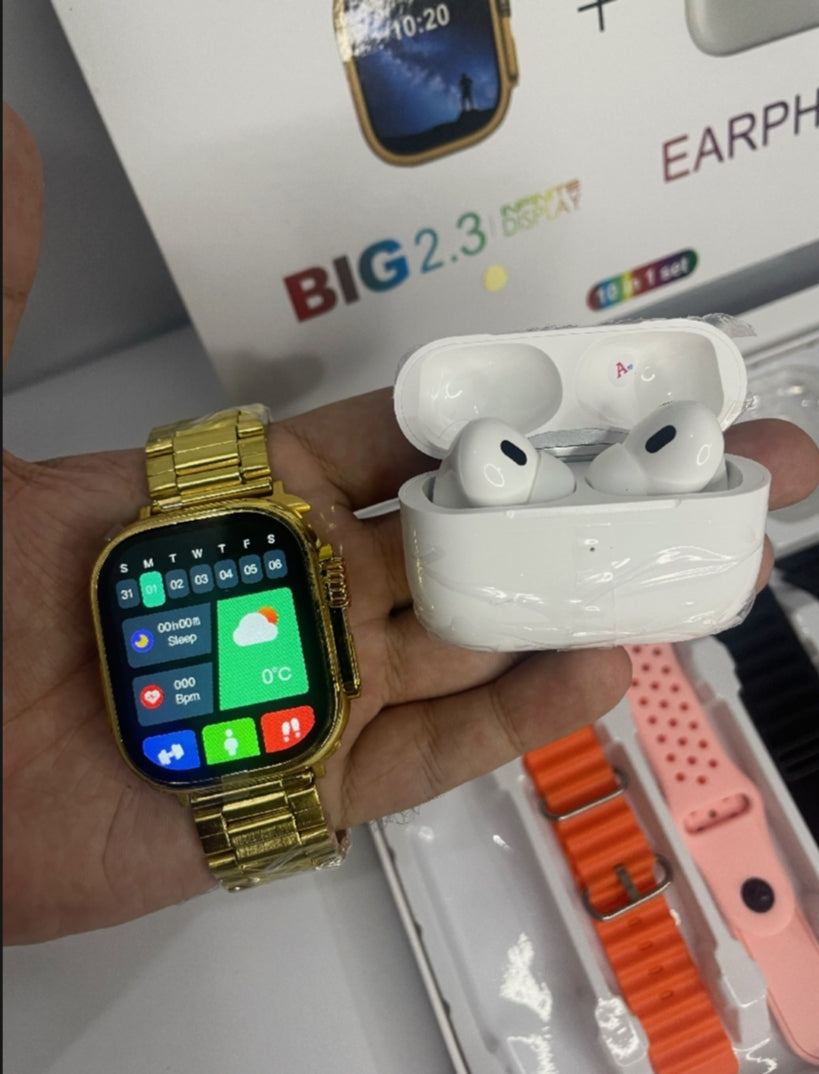 BIG 2.3 Ultra smart watch (Golden color) with airpords pro 2